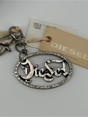 Diesel Silver-Tone Oval Logo Keychain with Crystal Trim